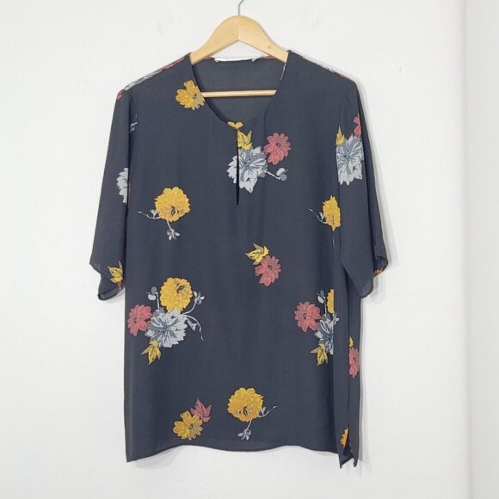 Contemporaine Black Floral V-Neck Tie Flowy Relaxed Fit Chiffon Blouse Size XL